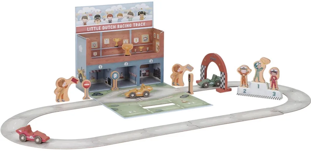 Houten Racebaan + Accessoires - Speelgoedkoffer - FSC-Gecertificeerd Hout - Speelgoed vanaf 3 Jaar - Houten Speelgoed van Little Dutch in Meerkleurig – productfoto