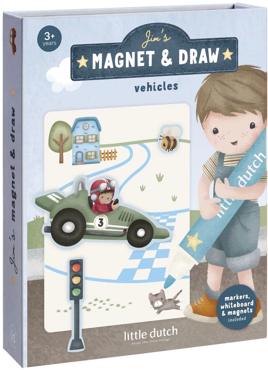 Magneet set - Jim & Friends - 3 magneetvellen - Uitklapbaar magneetbord - 2 uitwisbare stiften - Knutselen - Speelgoed kinderen - Voor jongens - Vanaf 3 jaar von Little Dutch in Blau – Produktfoto