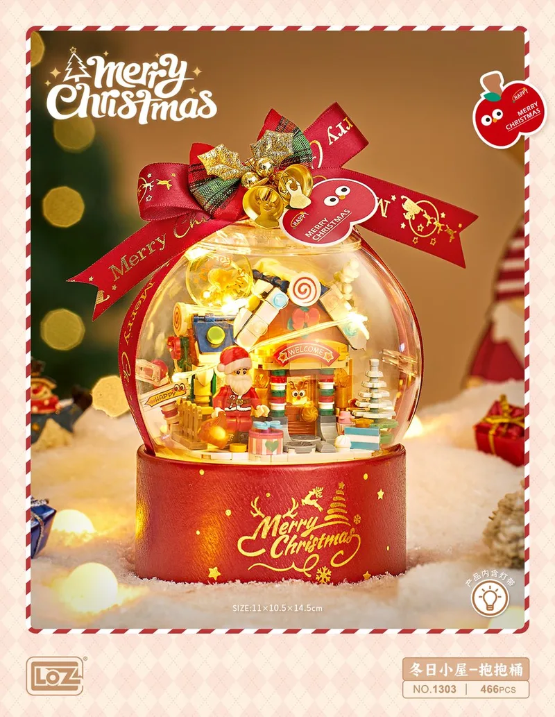 Chrismas Hugging bucket - Winter House ( Strip light included) | Decorative Snow Globe | Merry Christmas No. 1303 von LOZ in Multi – Produktfoto