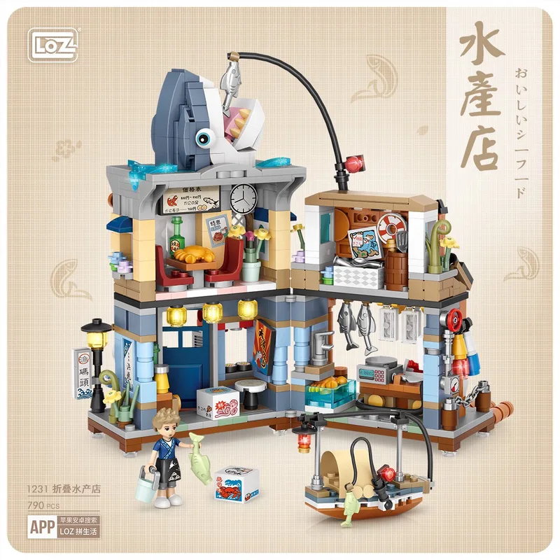 Japanese Street | Aquatic Shop | Seafood Market | Mini Block Building Set | Build and Create No. 1231 van LOZ in Multi-Aquatic Shop – productfoto