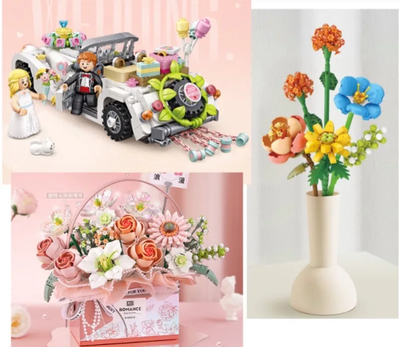 "LOZ 1119 & 1951 & 4601 - 3 in 1 Bundel - Bundle - Happy Valentine - Wedding Car & Flower Gift Box (With Button Cell) & Eternal Rose Sunflower von LOZ – Produktfoto
