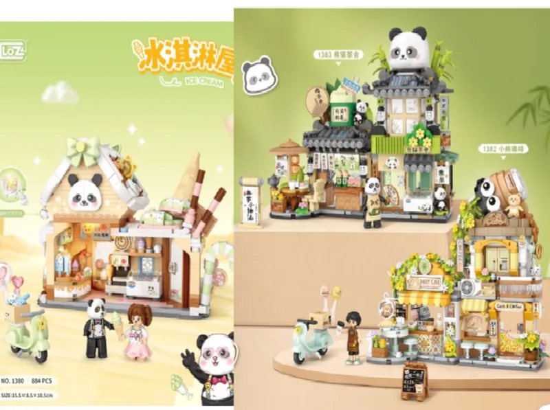 LOZ 1380 & 1382 & 1383 - 3 in 1 Bundle - Panda World Bundel - Panda Icecream house & Cute Little Bear Cafe & Panda Tea House by LOZ in Multicolor – product photo