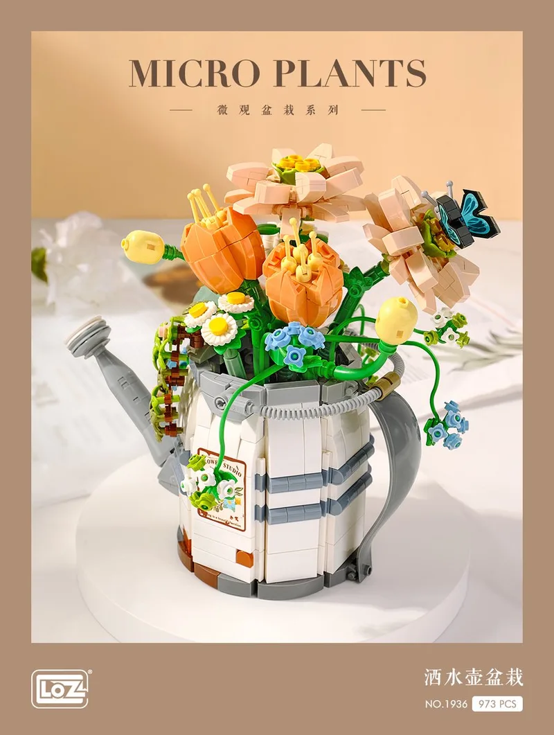Micro Plants - Watering Can Flower Pot Bonsai | Mini Block Plant Set | Build and Create | Home Decoration | Happy Valentine | Gift | No. 1936 van LOZ in Multi-No.1936 – productfoto