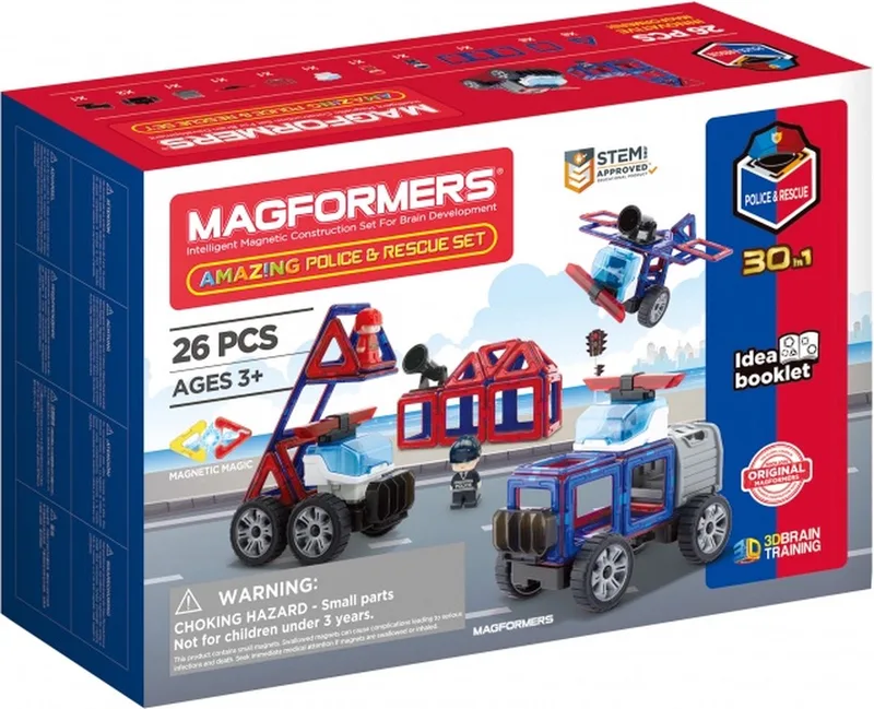 Amazing Police & Rescue Set- bouwset 26 stuks- magnetisch speelgoed- speelgoed 3,4,5,6,7 jaar jongens en meisjes– Montessori speelgoed- educatief speelgoed- constructie speelgoed by Magformers in Rood – product photo