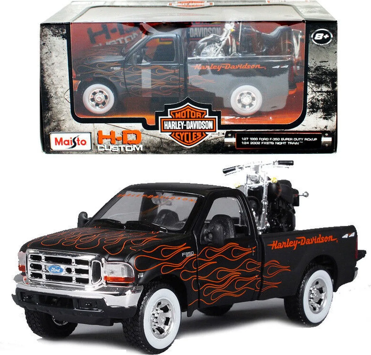 1999 Ford F350 Super Duty + FXSTB Night Train Harley-Davidson 1:24 Model Set van Maisto in Zwart – productfoto