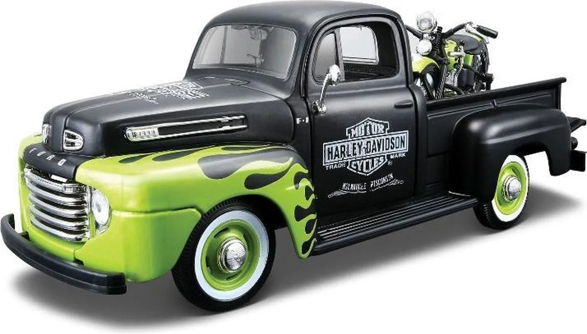 Ford F-1 1948 Met Harley-Davidson schaal 1:24 (groen/zwart) van Maisto in "groen – productfoto