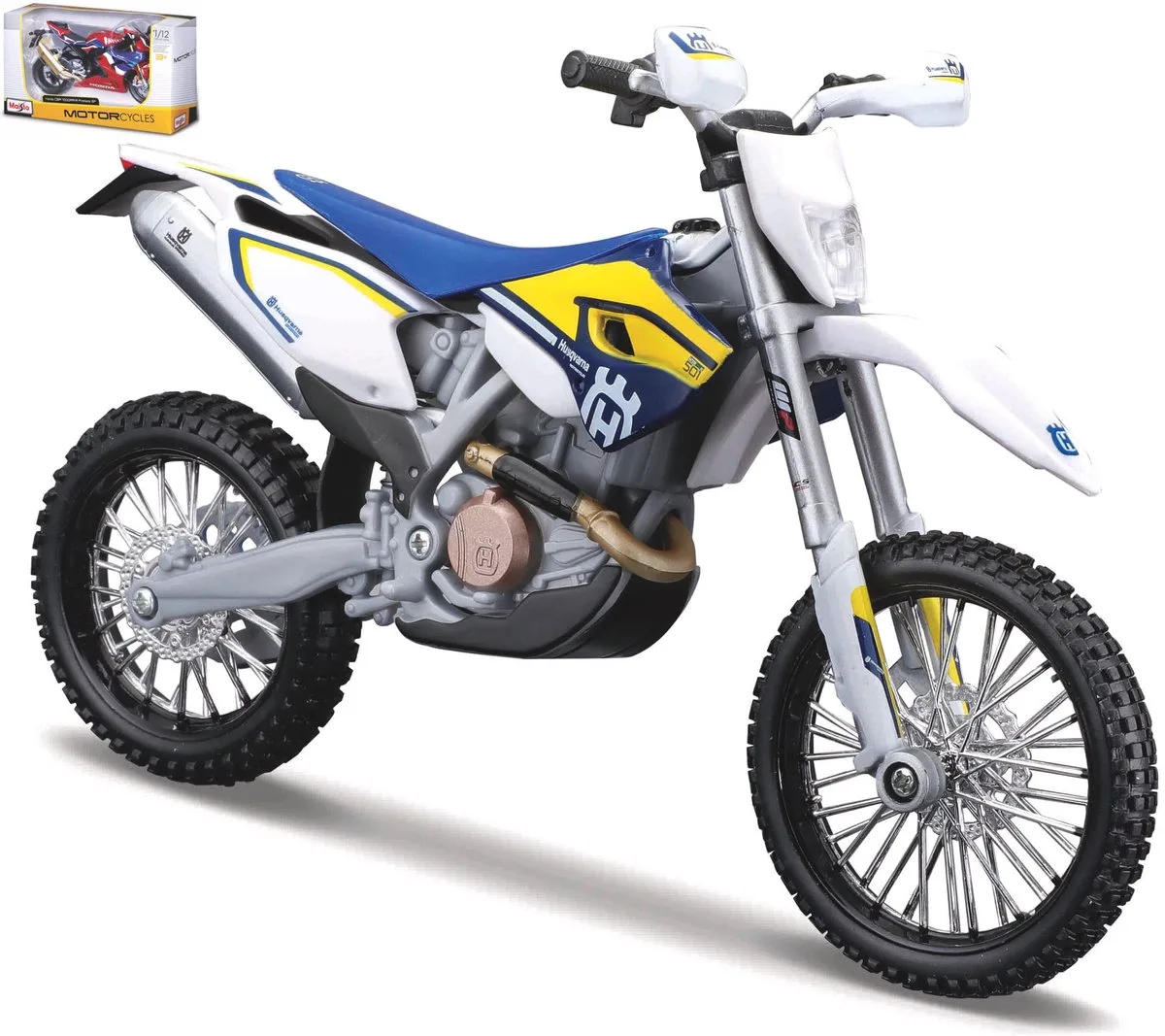Husqvarna Fe 501 - Modelauto - Schaal 1:12 de Maisto en Bleu, Blanc, Jaune – photo du produit