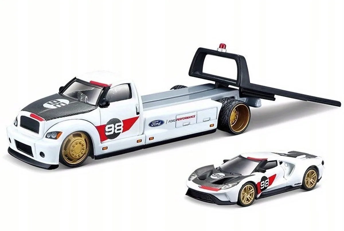 Maisto 2021 Ford GT Heritage Edition-set met aanhanger 1:64 de Maisto en Blanc – photo du produit