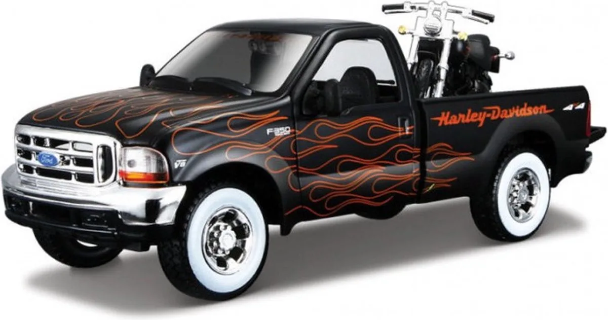 Modelauto - Ford F-350 pickup - met Harley Davidson motor - zwart - 20 cm - Schaal 1:24 - Speelgoedauto - Miniatuurauto van Maisto in Zwart Oranje Wit – productfoto