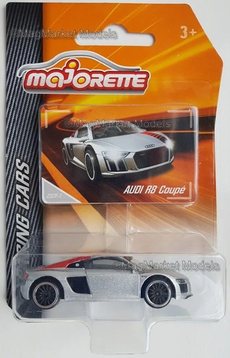 AUDI R8 COUPÉ RACING CARS MAJORETTE (BK290124) LONG CARD van Majorette in Zilver metalic – productfoto