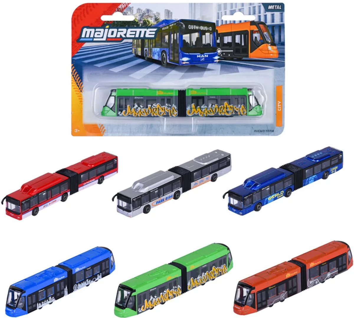 City Bus MAN + Avenio Tram, 6-sort. van Majorette in Diverse kleuren – productfoto