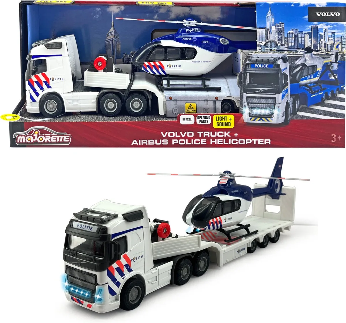 Grand Series - Volvo Truck + Police Helicopter NL - Metaal - Licht en Geluid - 35 cm - Speelgoedvoertuig fra Majorette i Grå – produktbillede