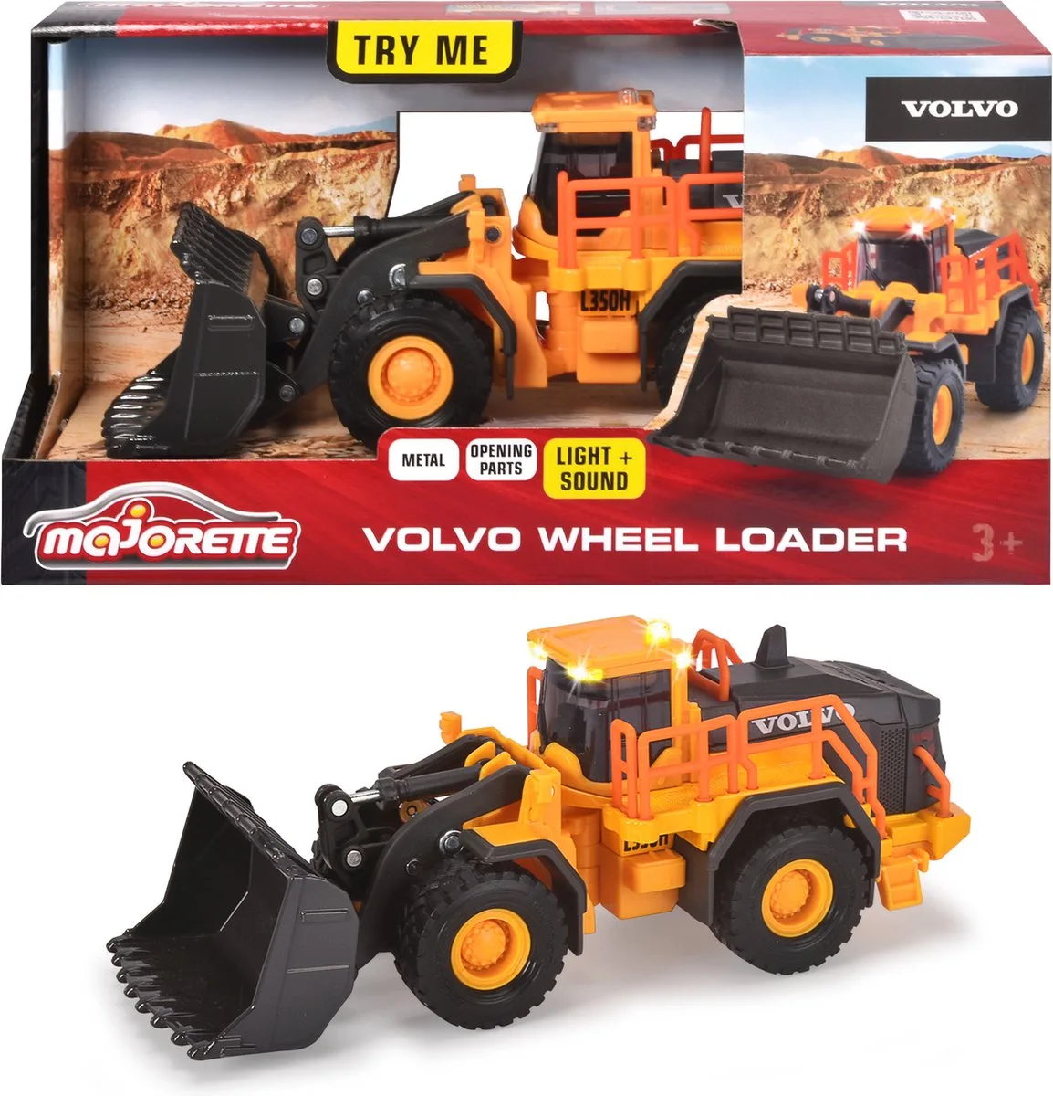 Grand Series - Volvo Wiellader - Constructie - Metaal - Licht en Geluid - 21 cm - Speelgoedvoertuig de Majorette en Multicolore – photo du produit
