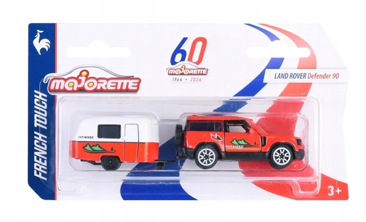 Land Rover Defender 90 met Caravan - French Touch Trailer by Majorette in Red – product photo