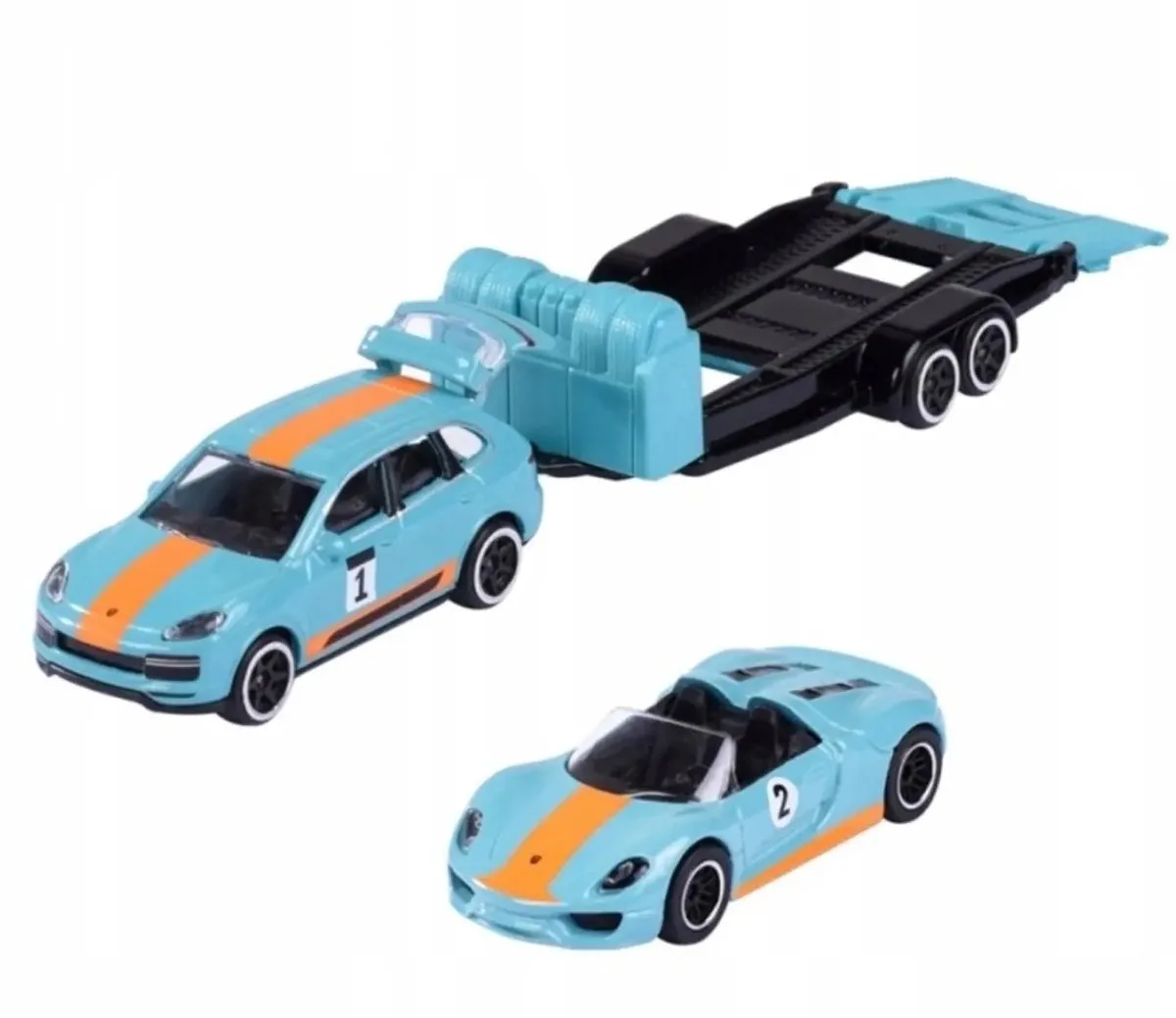 Porsche Cayenne Turbo S en 918 Spyder - Beweegbare onderdelen - Schaal 1:64 - Metaal - Met Trailer de Majorette en Bleu – photo du produit