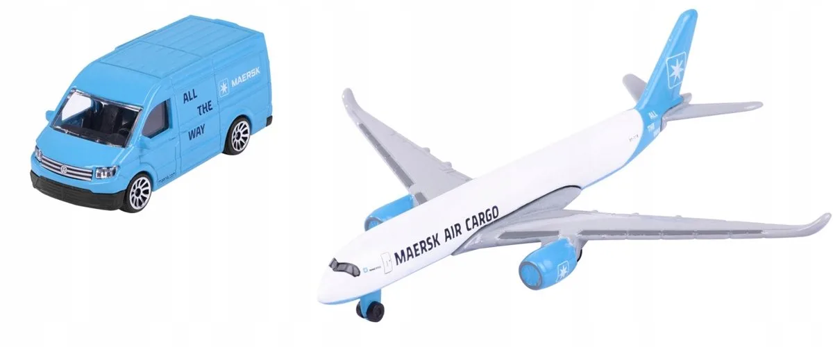 Volkswagen Crafter 1:64 & Maersk Vliegtuig van Majorette – productfoto