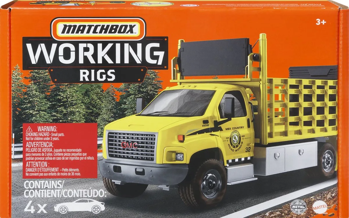Bouwteam Pack 4 Speelgoedwagens van Matchbox in Zwart, Wit, Geel – productfoto