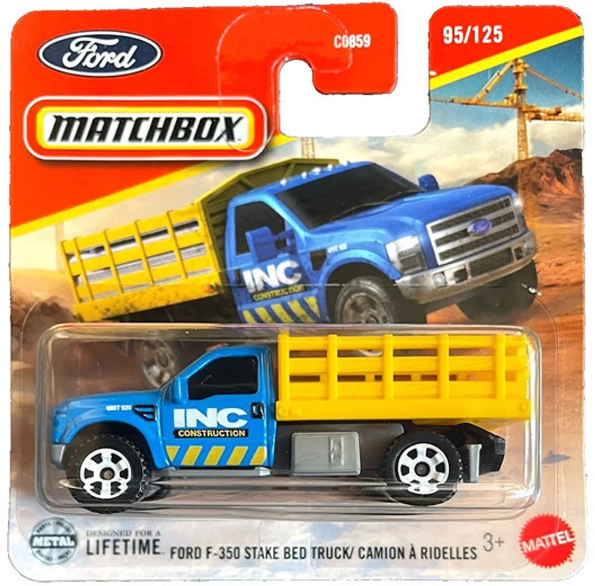 FORD F-350 STAKE BED TRUCK CAMION Á RIDELLES 95-125 JBT21 1:64 METAL von Matchbox in Blue yellow – Produktfoto