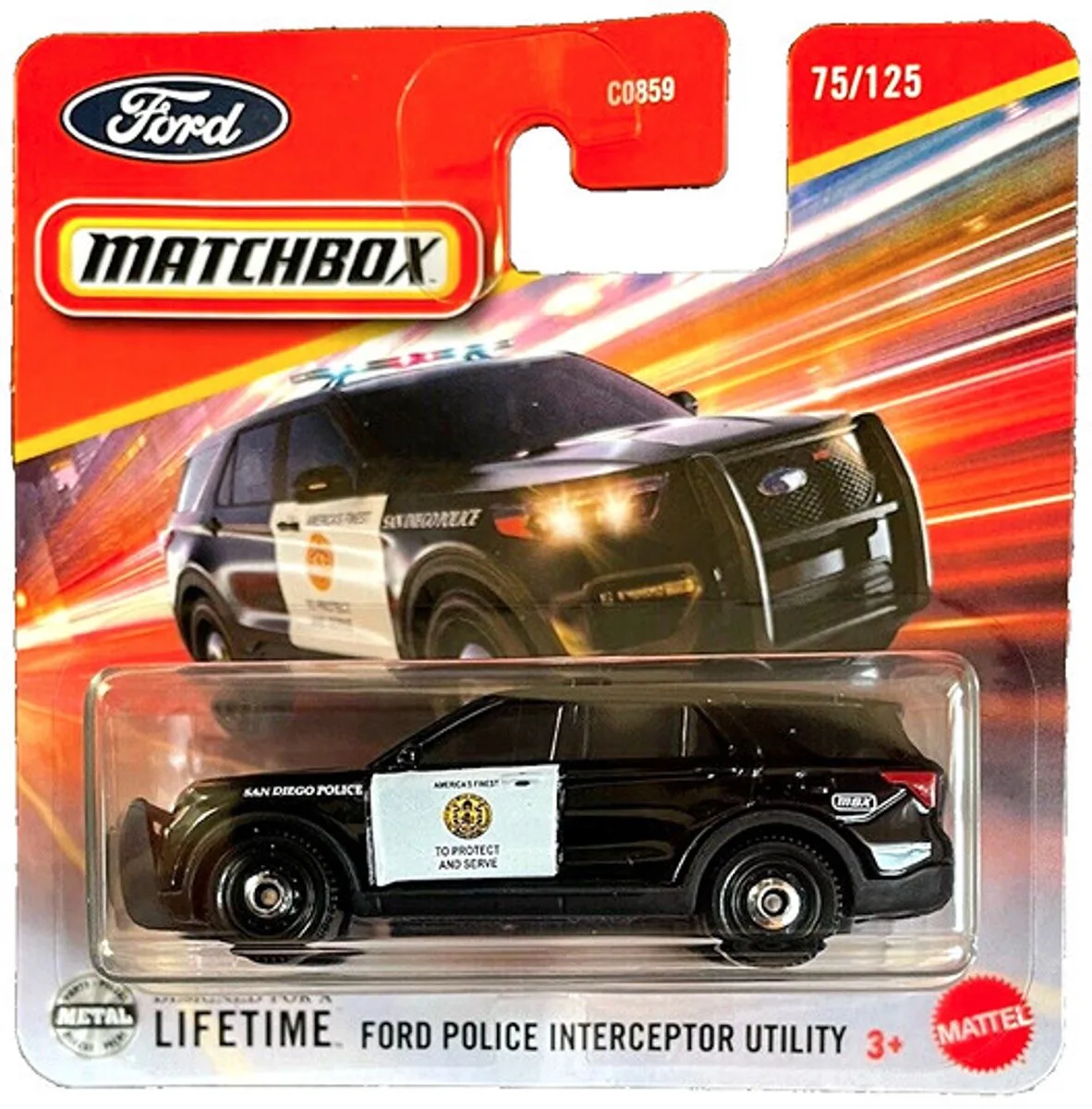 FORD POLICE INTERCEPTOR UTILITY SAN DIEGO POLICE 75/125 (1:64) von Matchbox in Schwarz – Produktfoto