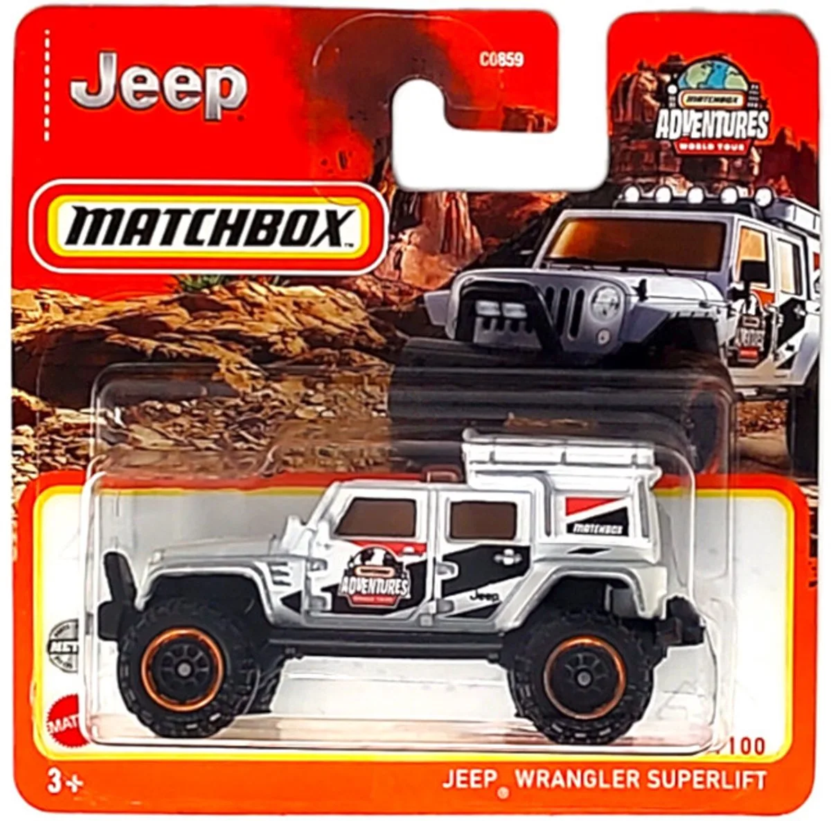 JEEP WRANGLER SUPERLIFT ADVENTURE 99/100 1:64 METAL SHORT CART von Matchbox in Metalic white – Produktfoto