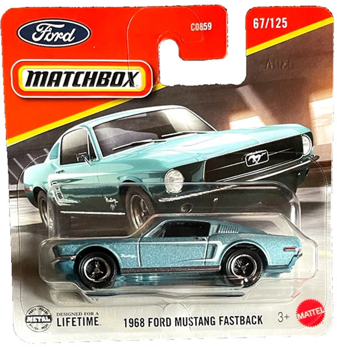 MATCHBOX 1968 FORD MUSTANG FASTBACK METALIC BLEU 67/125 METAL (1:64) SHORT CARD by Matchbox in Metalic blue – product photo