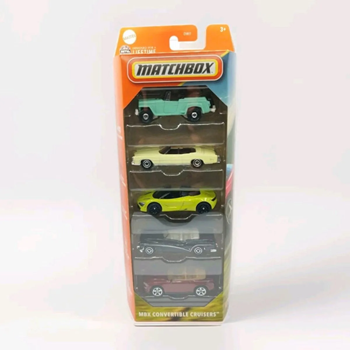 MATCHBOX 5 IN BOX MBX CONVERTIBLE CRUISERS JEEP 1948 WILLYS JEEPSTER, CADILLAC ELDORADO 1975 CONVERTIBLE,McLAREN 720S SPIDER, 1953 BUICK SKYLASK CONVERTIBLE, 2018 FORD MUSTANG CONVERTIBLE METAL (1:64) 5 PACK de Matchbox en Multi color cruises – photo du produit