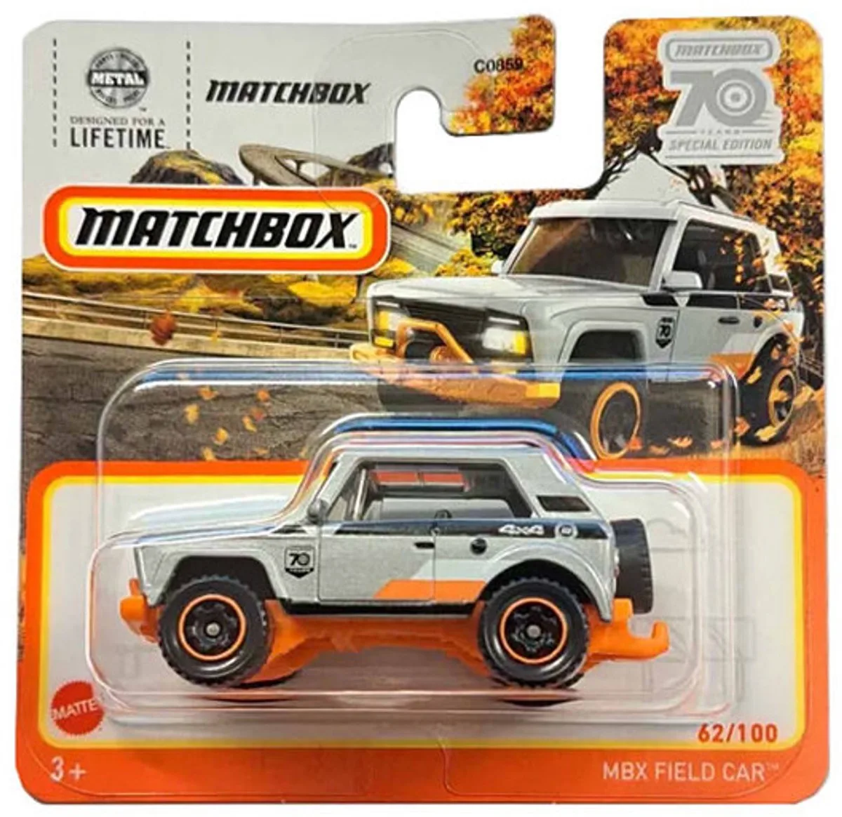 MBX FIELD CAR (4x4) 62-100 1:64 METAL 70 YEARS SPECIAL EDITION de Matchbox en Silver orange – photo du produit