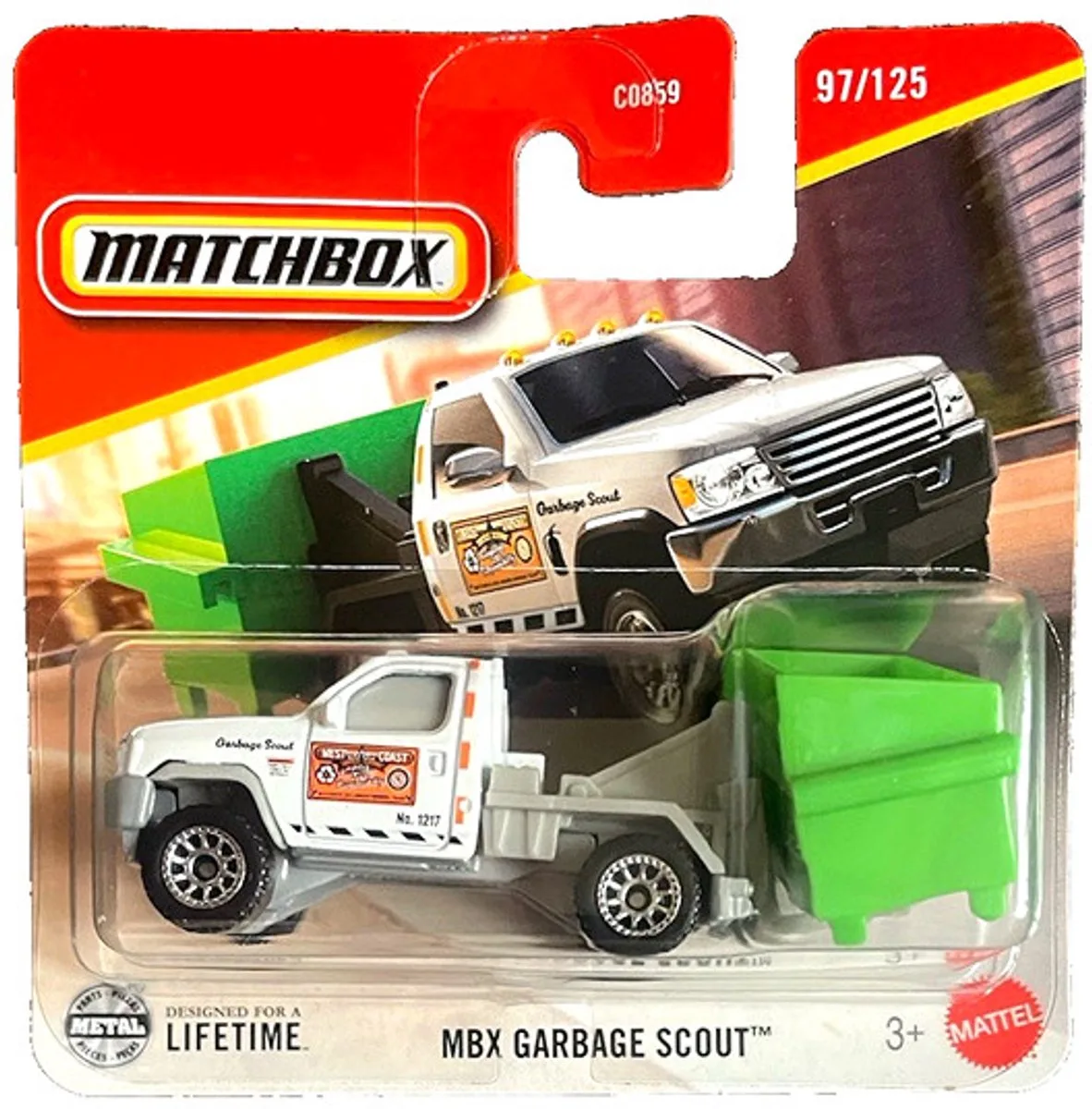 MBX GARBAGE SCOUT TRUCK 97/125 METAL (1:64) SHORT CARD de Matchbox en White green – photo du produit