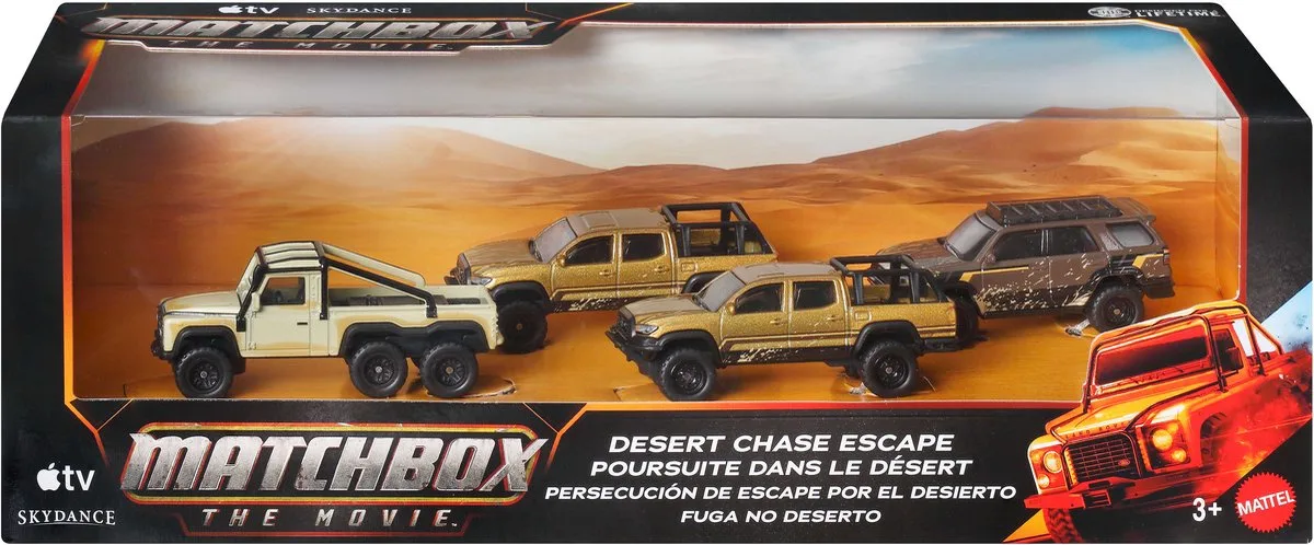 Ontsnapping uit de woestijn, set van 4 metalen voertuigen (schaal 1:64) uit de film, verzamelset de Matchbox en Multicolore – photo du produit