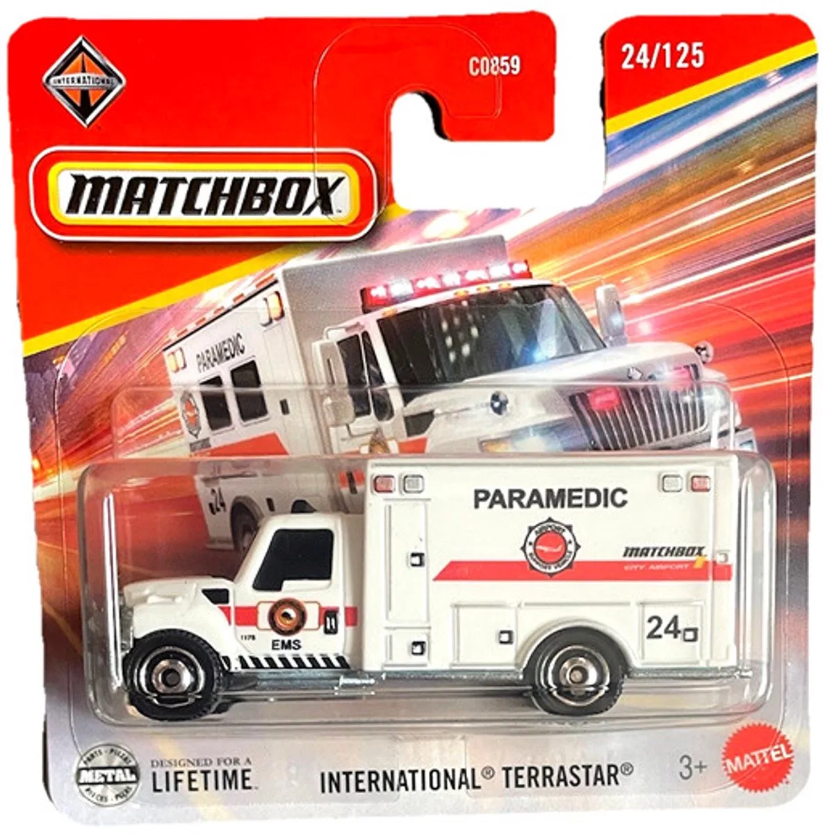 PARAMEDIC EMS INTERNATIONAL TERRASTAR AMBULANCE 24/125 1:64 SHORT CARD von Matchbox in Weiß – Produktfoto