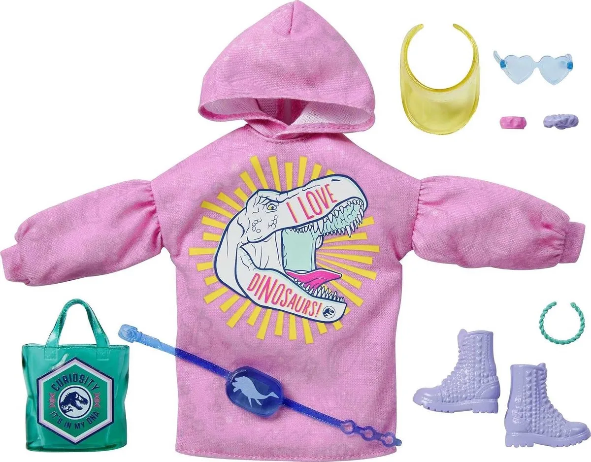 Barbie - Jurassic World theme - Poppenkledingset Fashion Storytelling - 10-delig från Mattel i Rosa – produktbild