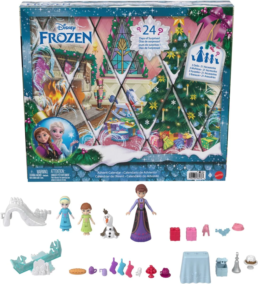 Disney Frozen Adventskalender - Met 24 dagen verrassingen - Waaronder kleine poppen van de jonge Anna en Elsa de Mattel en Multicolore – photo du produit