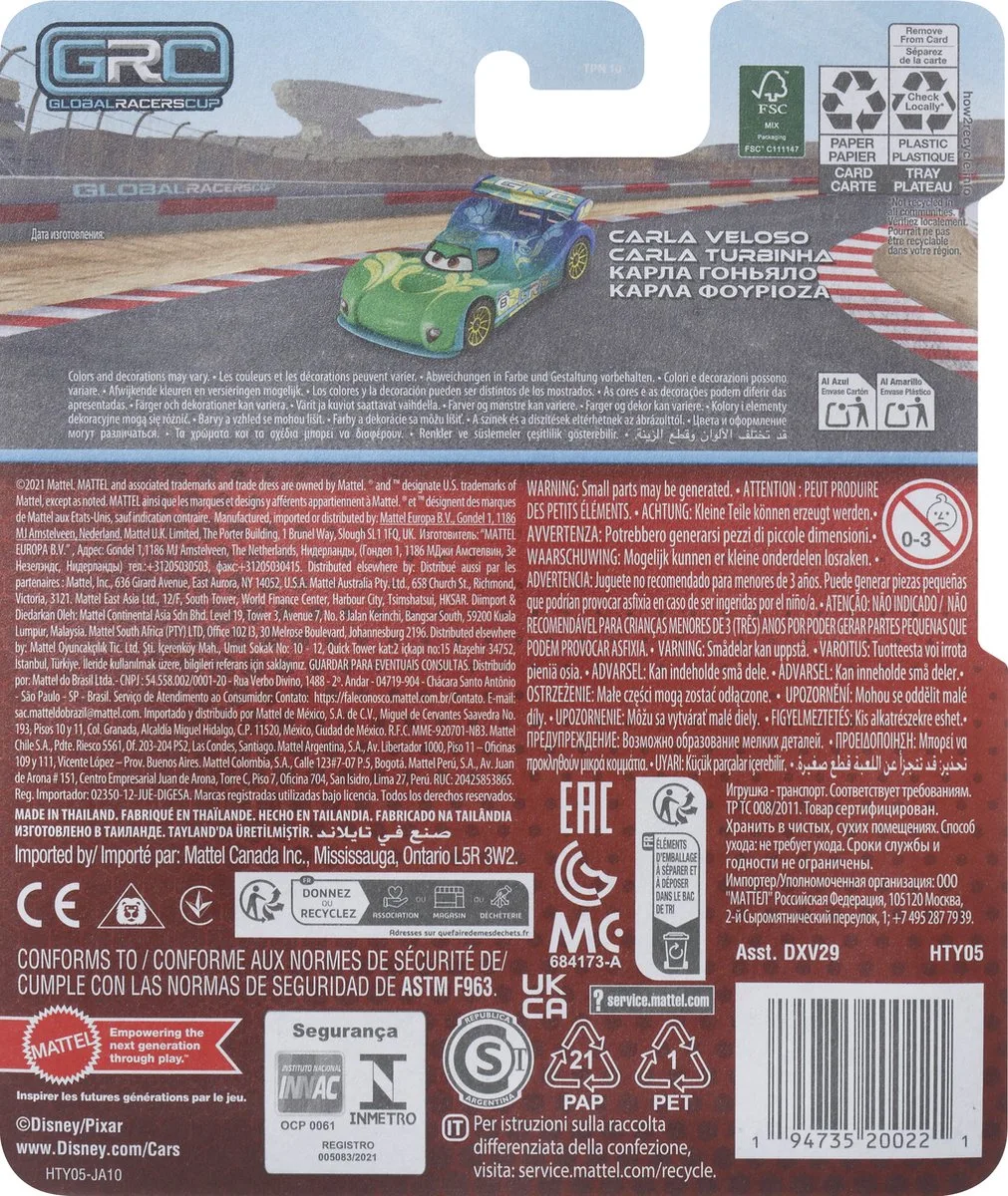 Disney Pixar Cars Disney and Pixar Cars World Grand Prix Carla Veloso von Mattel in Blau, Grün, Gelb – Produktfoto