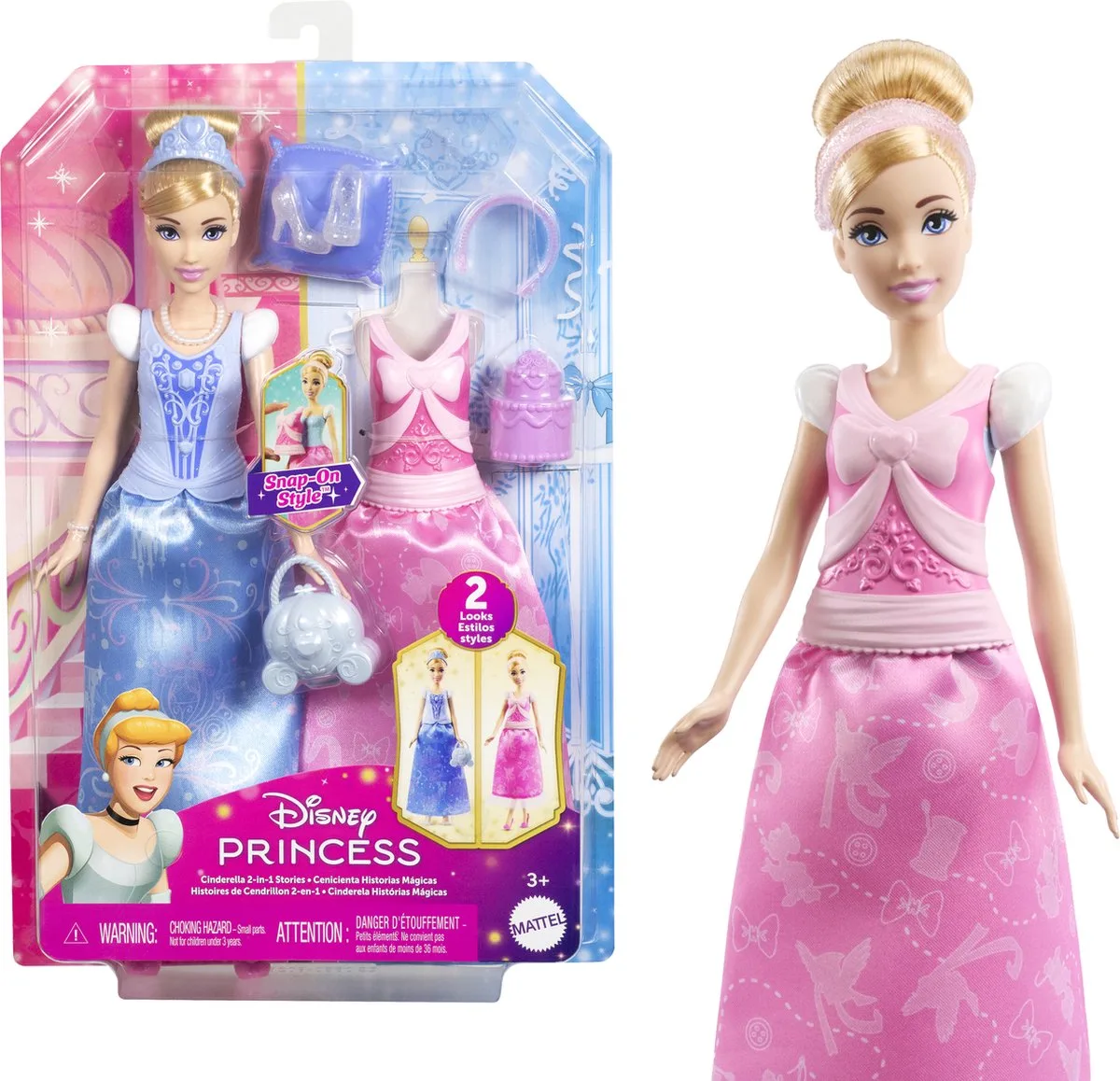 Disney Princess Assepoester 2-in-1 Stories Modepop – Veranderbare Jurken van Mattel in Cinderella – productfoto