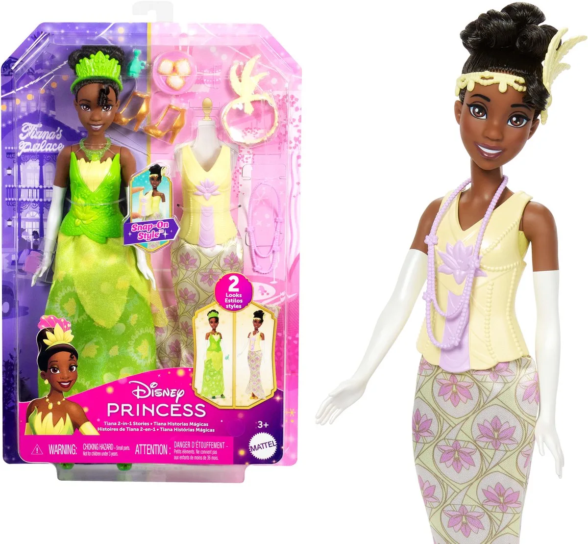 Disney Princess Tiana 2-in-1 Stories Fashion Doll de Mattel en Multicolore – photo du produit