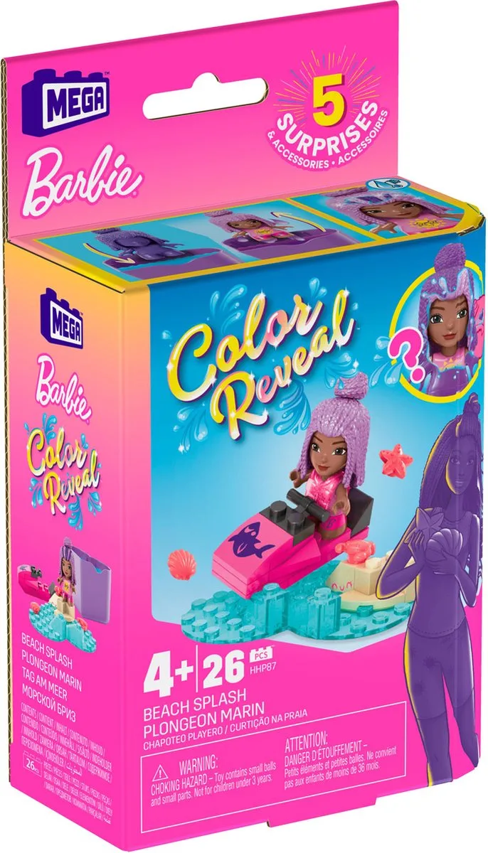 Barbie Color Reveal Beach Splash - MATTEL - Bouwspeelgoed - Bouwset met 5 Surprises & Accessoires - Mega Bloks - Mega Construx Barbie - Color Reveal Bouwset by Mega Bloks in Blauw – product photo