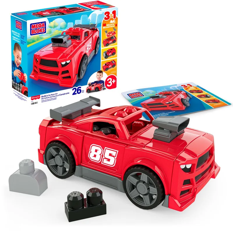 Fisher-Price - Bouw en Rij Blokkenspeelgoed met rollende wieltjes - 26 stukjes fra Mega Bloks i Raceauto – produktbillede