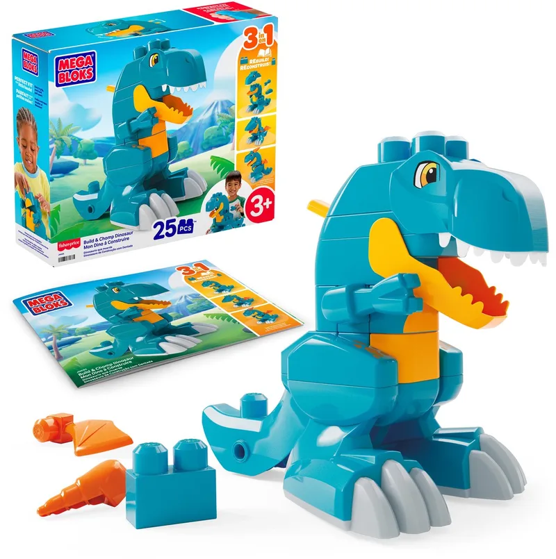 Fisher-Price Speelgoedblokken Bouw en Hap Dinosaurus - T-Rex met draaiende wieltjes - 25 onderdelen de Mega Bloks en Meerkleurig – photo du produit