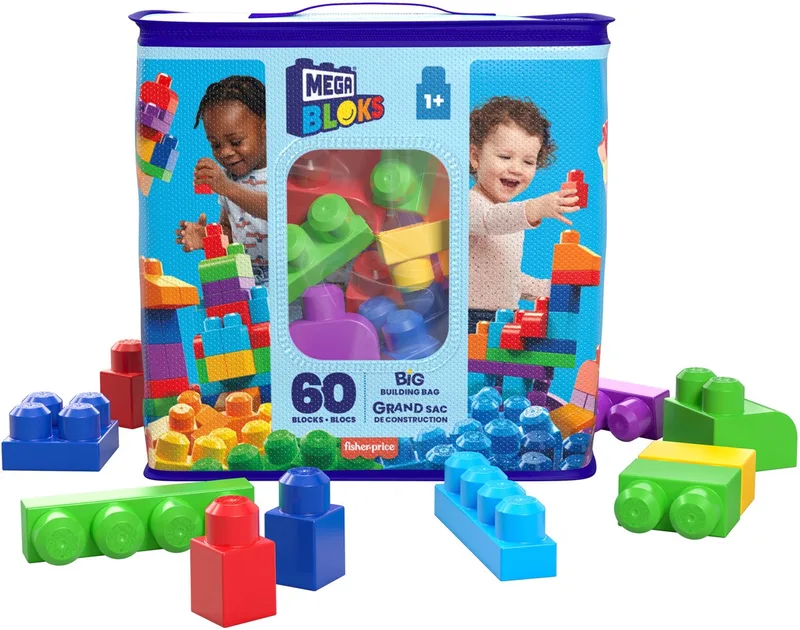 Grote bouwtas - Bouwset met 60 grote bouwblokken fra Mega Bloks i Blauw – produktbillede