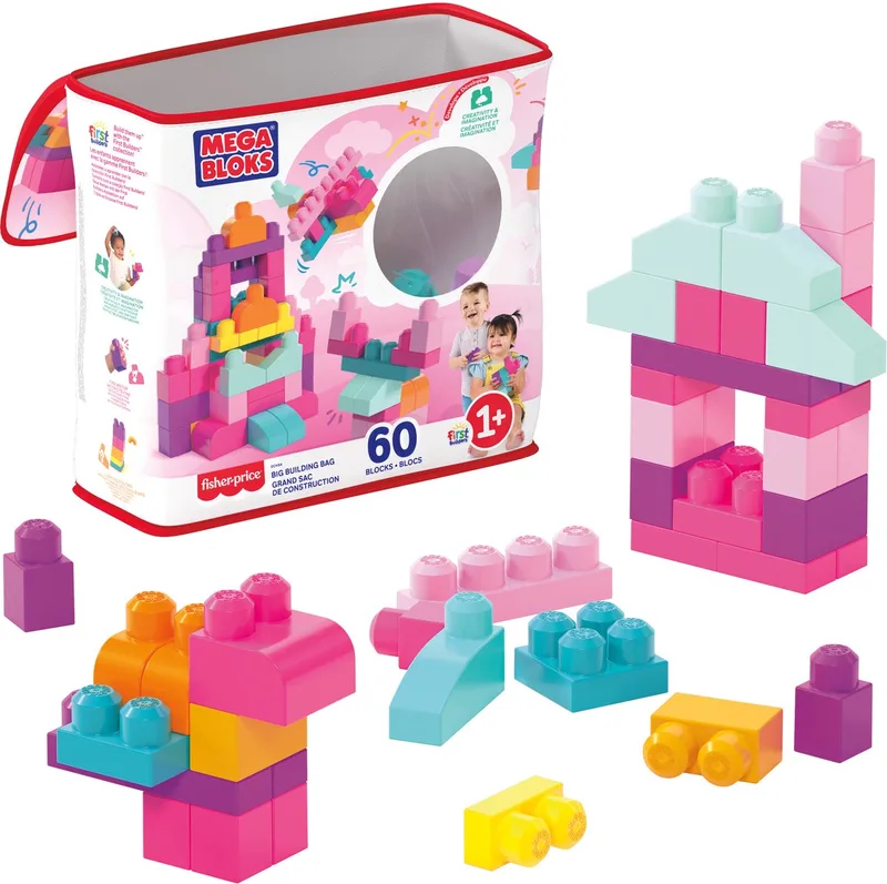 Grote Bouwtas - bouwset met 60 grote bouwblokken by Mega Bloks in Roze – product photo