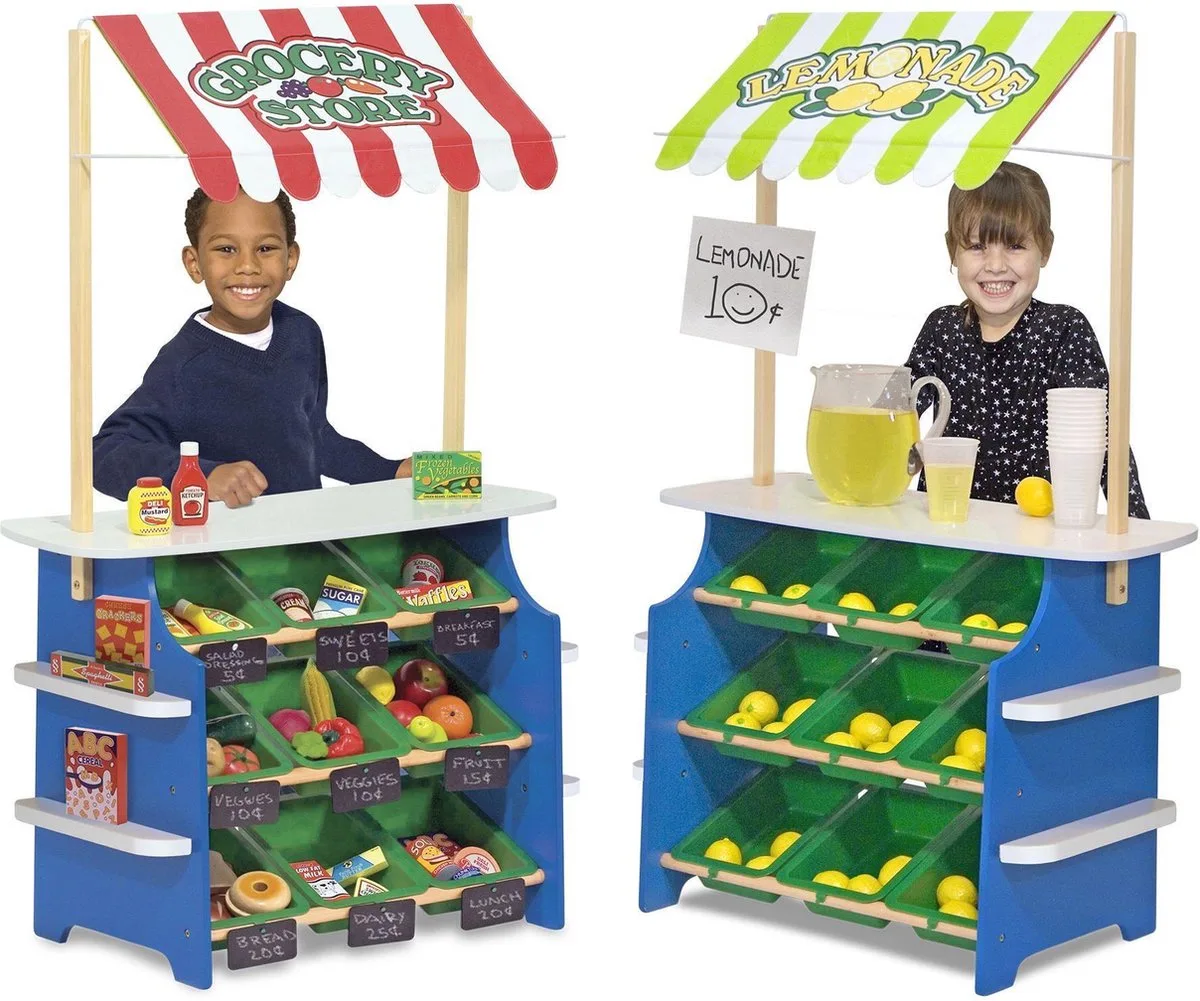 Houten groente en limonadekraam - omkeerbare luifel, 9 bakken en krijtbordjes by Melissa & Doug in Purple – product photo