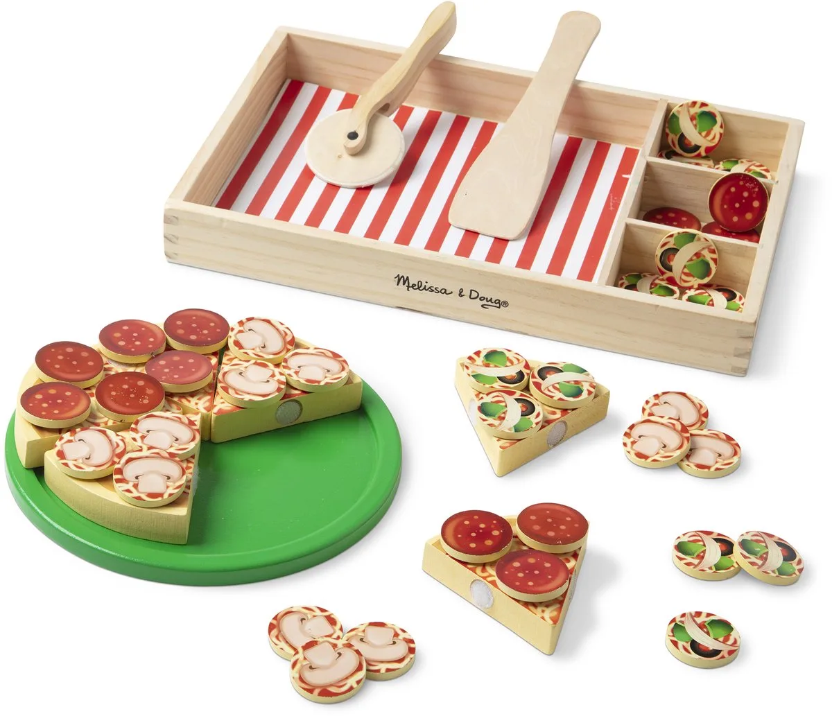 Houten pizzaset – 36 toppings en ingrediënten van Melissa & Doug in Meerkleurig – productfoto