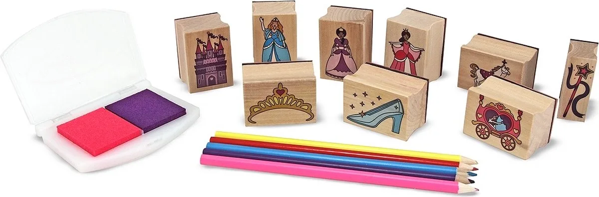 Houten prinsessenstempelset: 9 stempels, 5 kleurpotloden en 2-kleurig stempelkussen van Melissa & Doug in Meerkleurig – productfoto
