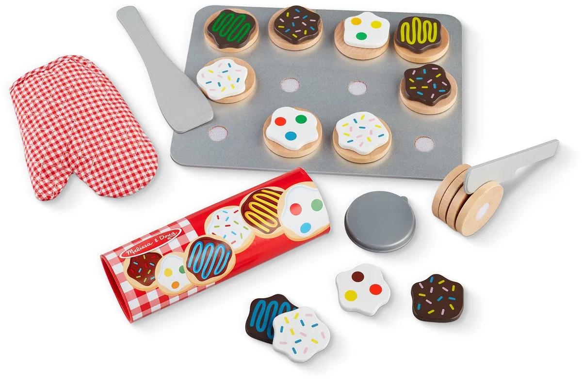Houten set voor het snijden en bakken van koekjes (speeleten, materialen van hoge kwaliteit, 30 speelstukjes van Melissa & Doug in Bruin – productfoto
