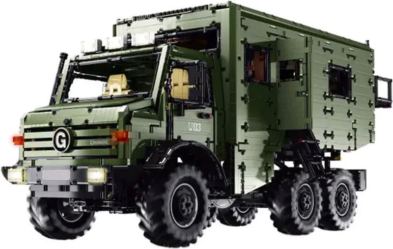 Leier/Rael LE-J907 expeditievoertuig zoals Unimog met wooncabine (zonder motoren) is compatibel met het bekende merk. de Mould King en Vert – photo du produit
