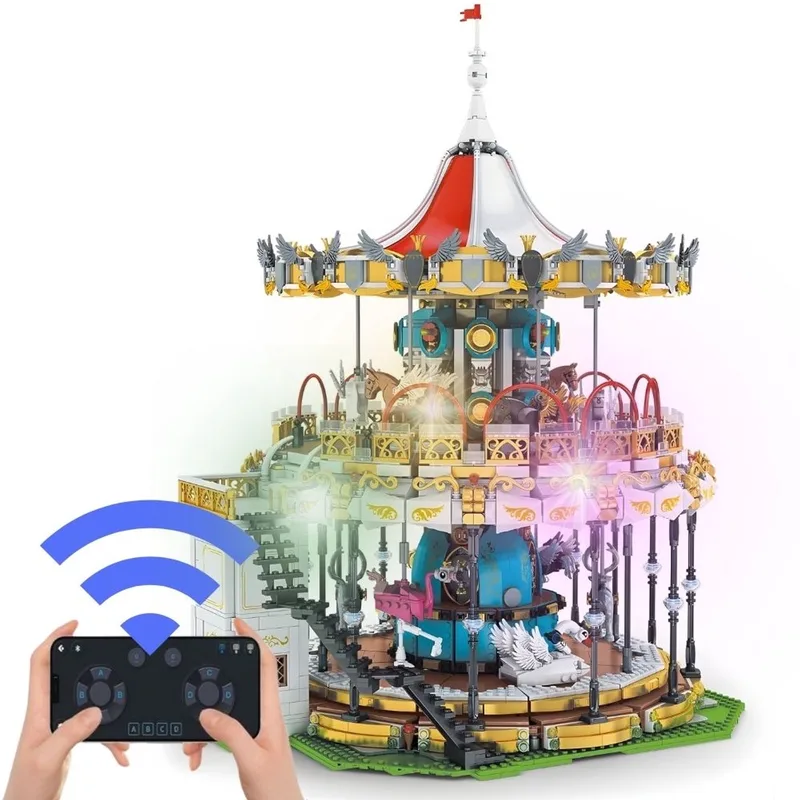 Motorized Carousel with Led Lights 11011 de Mould King en City : Pretpark Carousel, 5086 bouwblokken – photo du produit