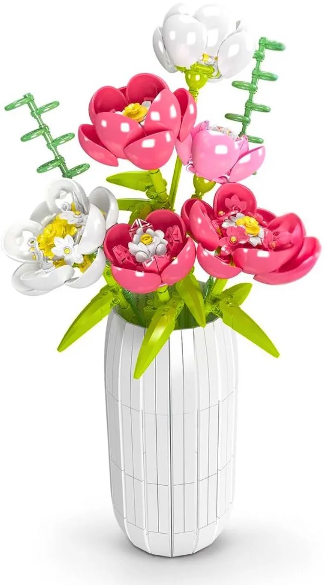 Mould King 10059 Pioen rozen bloemenboeket bouwset | Botanical collection modelbouw | DIY speelgoed bouwpakketten kunstbloemen met vaas voor volwassenen & kinderen | Bloemenpracht kunstplant decoratie | Bouwdoos met 866 bouwstenen van Mould King in Pioen bloemenboeket, 866 bouwblokken – productfoto
