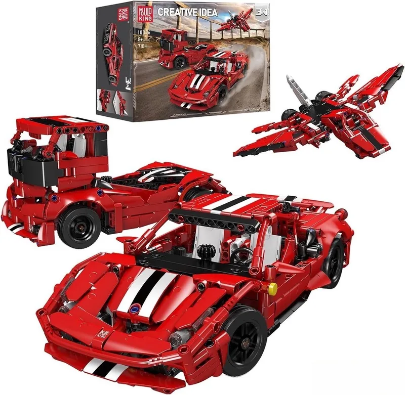 Mould King 10076 – 3-in-1 Sportwagenset – 718 Stuks – Bouw een Auto, Truck of Vliegtuig van Mould King in Rood – productfoto