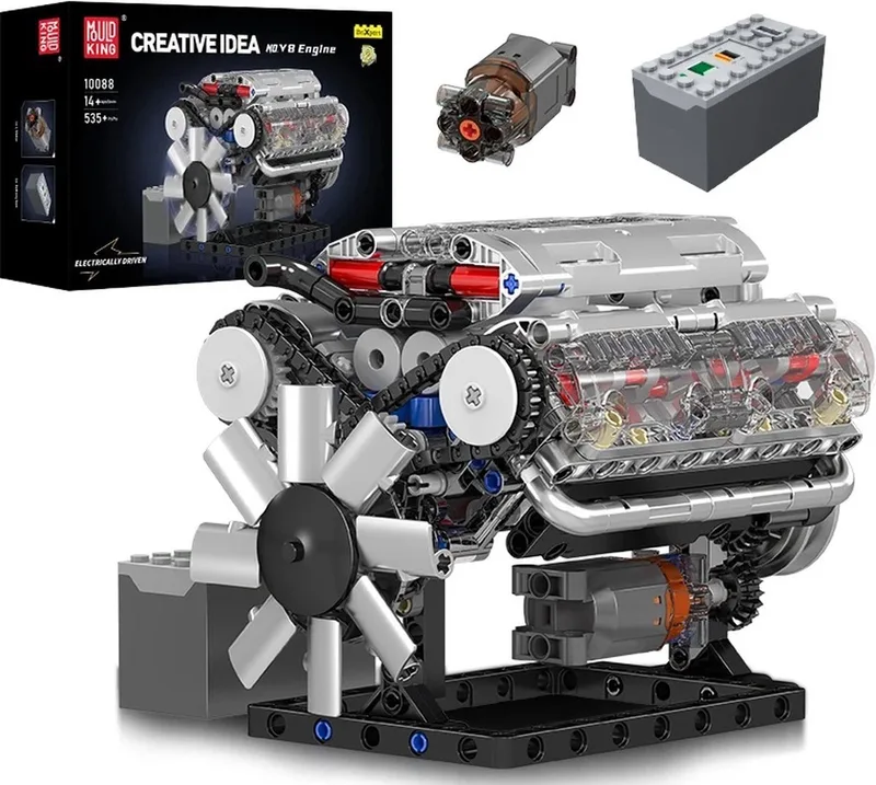 Mould King 10088 Formule 1 V8 auto motor bouwset incl tool | Educatief DIY STEM modelbouw | Technische speelgoed bouwpakketten voor volwassenen & kinderen | Plastic Model Kit decoratie | Bouwdoos met 535 bouwstenen van Mould King in Modelbouw : V8 motor engine, 535 bouwblokken – productfoto