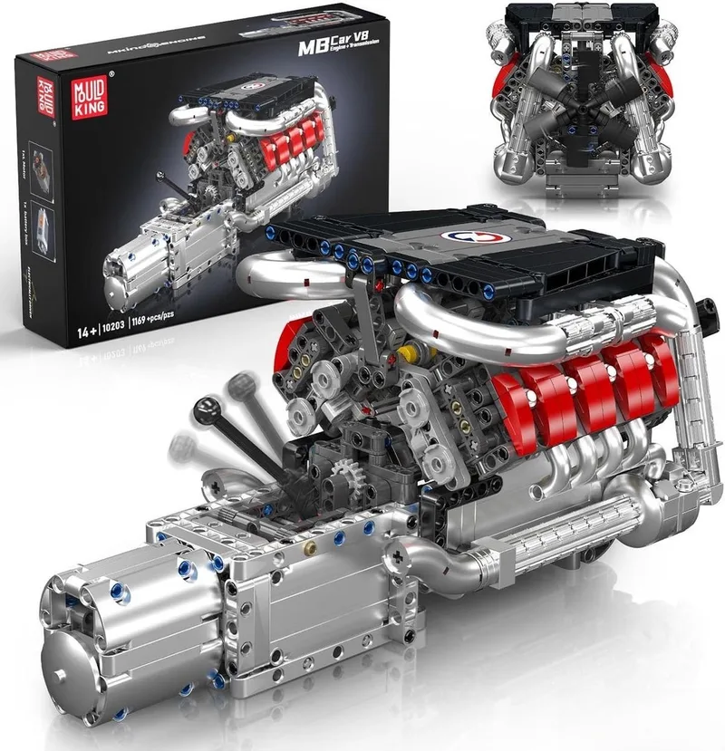 Mould King 10203 V8 Twin Turbo Speed motor bouwset | Racing champions modelbouw | Creator classic bouwpakket | Technische speelgoed ideas voor expert volwassenen & kinderen | Bouwdoos met 1169 bouwstenen van Mould King in Modelbouw : Twin turbo motor engine, 1169 bouwblokken – productfoto
